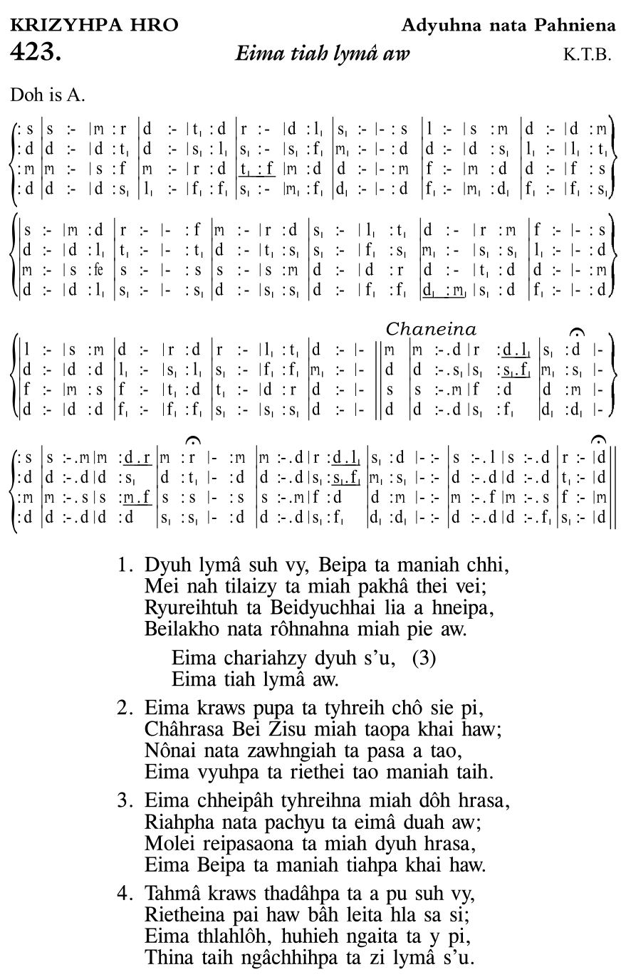 Hymn 423, “Eima tiah lymâ aw”, Edition 11