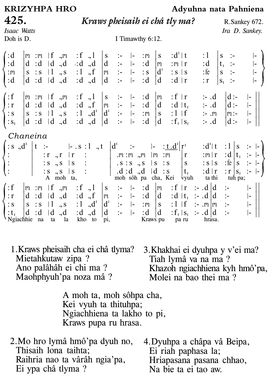 Hymn 425, “Kraws pheisaih ei châ tly ma?”, Edition 11