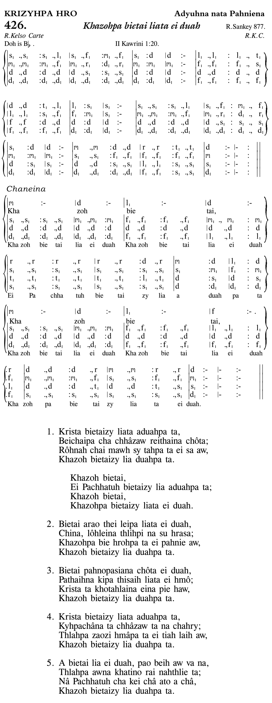 Hymn 426, “Khazohpa bietai liata ei duah”, Edition 11