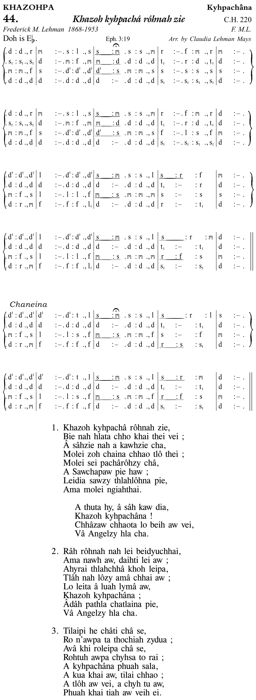 Hymn 44, “Khazoh kyhpachâ rôhnah zie”, Edition 11