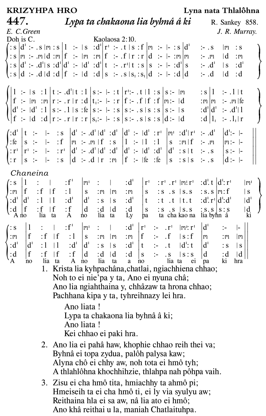Hymn 447, “Lypa ta chakaona lia byhnâ â ki”, Edition 11