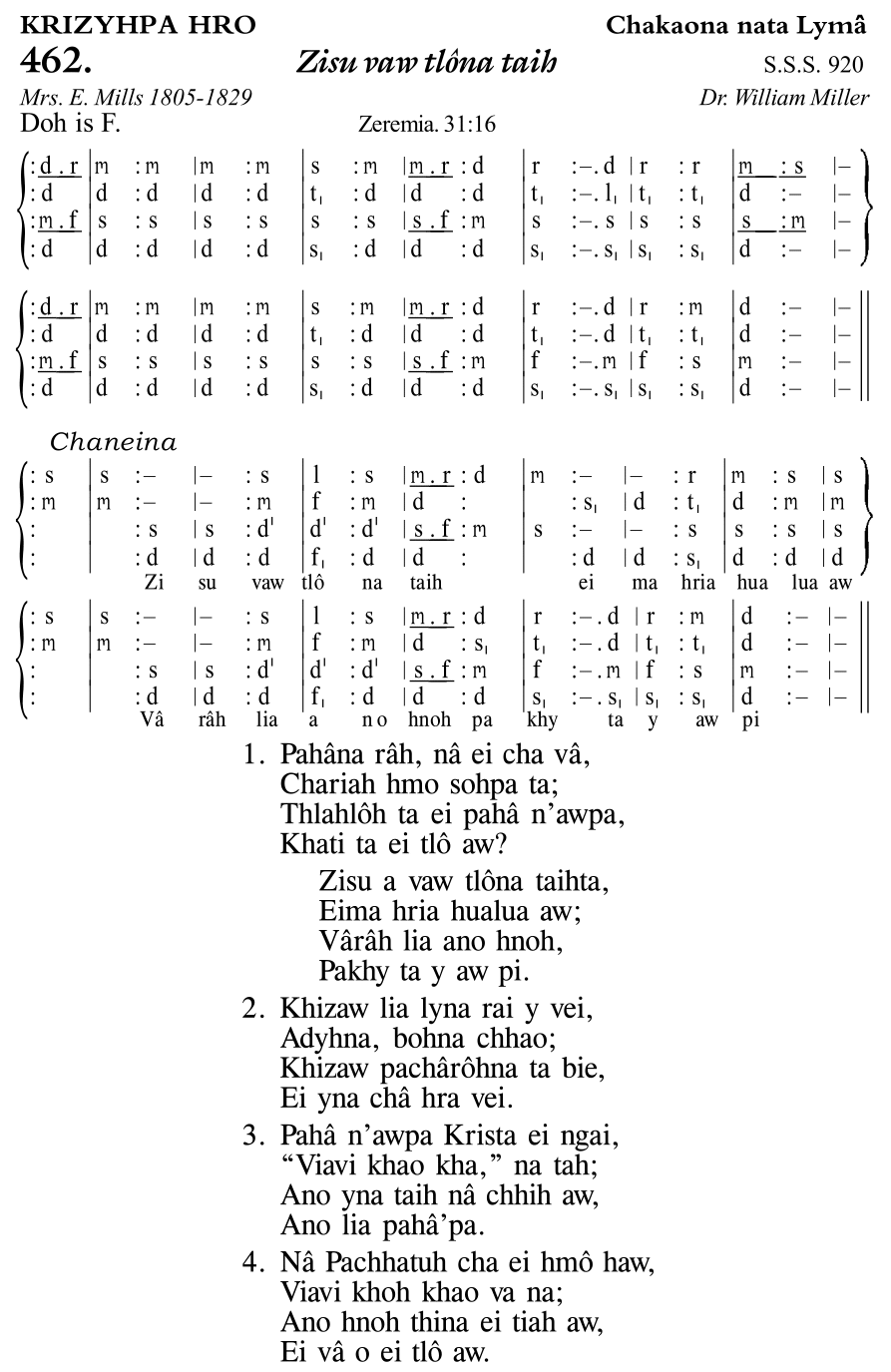 Hymn 462, “Zisu vaw tlôna taih”, Edition 11