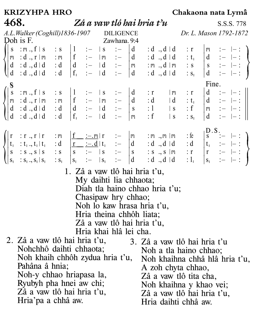 Hymn 468, “Zâ a vaw tlô hai hria t’u”, Edition 11