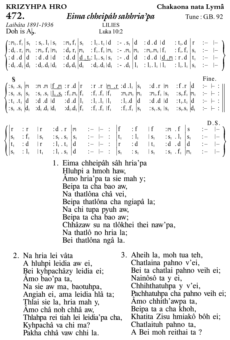 Hymn 472, “Eima chheipâh sahhria’pa”, Edition 11