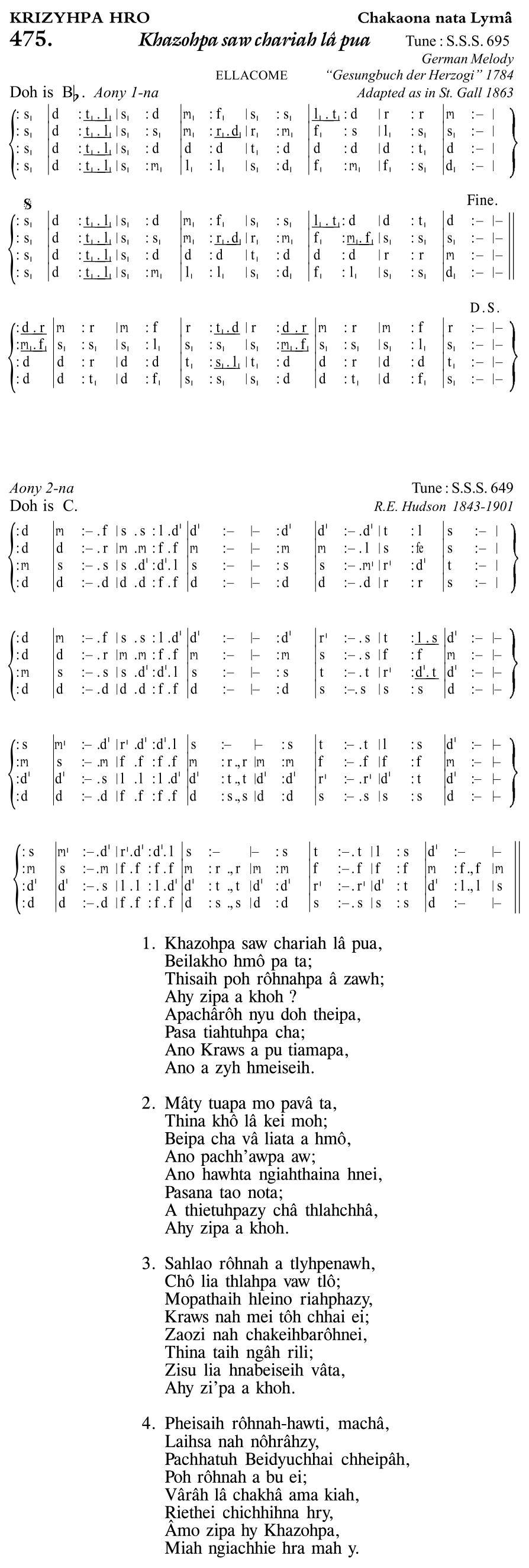 Hymn 475, “Khazohpa saw chariah lâ pua”, Edition 11
