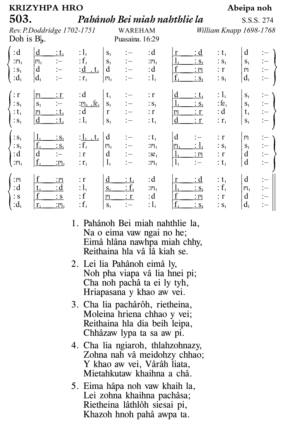 Hymn 503, “Pahânoh Bei miah nahthlie la”, Edition 11