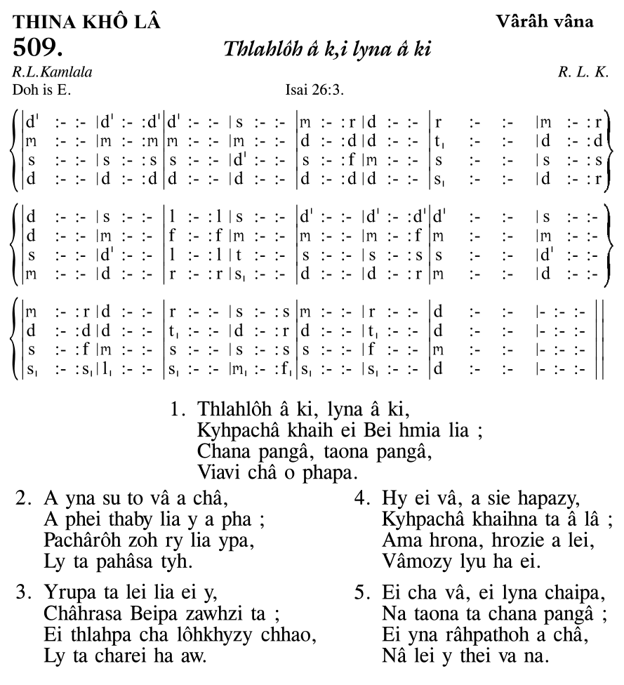 Hymn 509, “Thlahlôh â k,i lyna â ki”, Edition 11