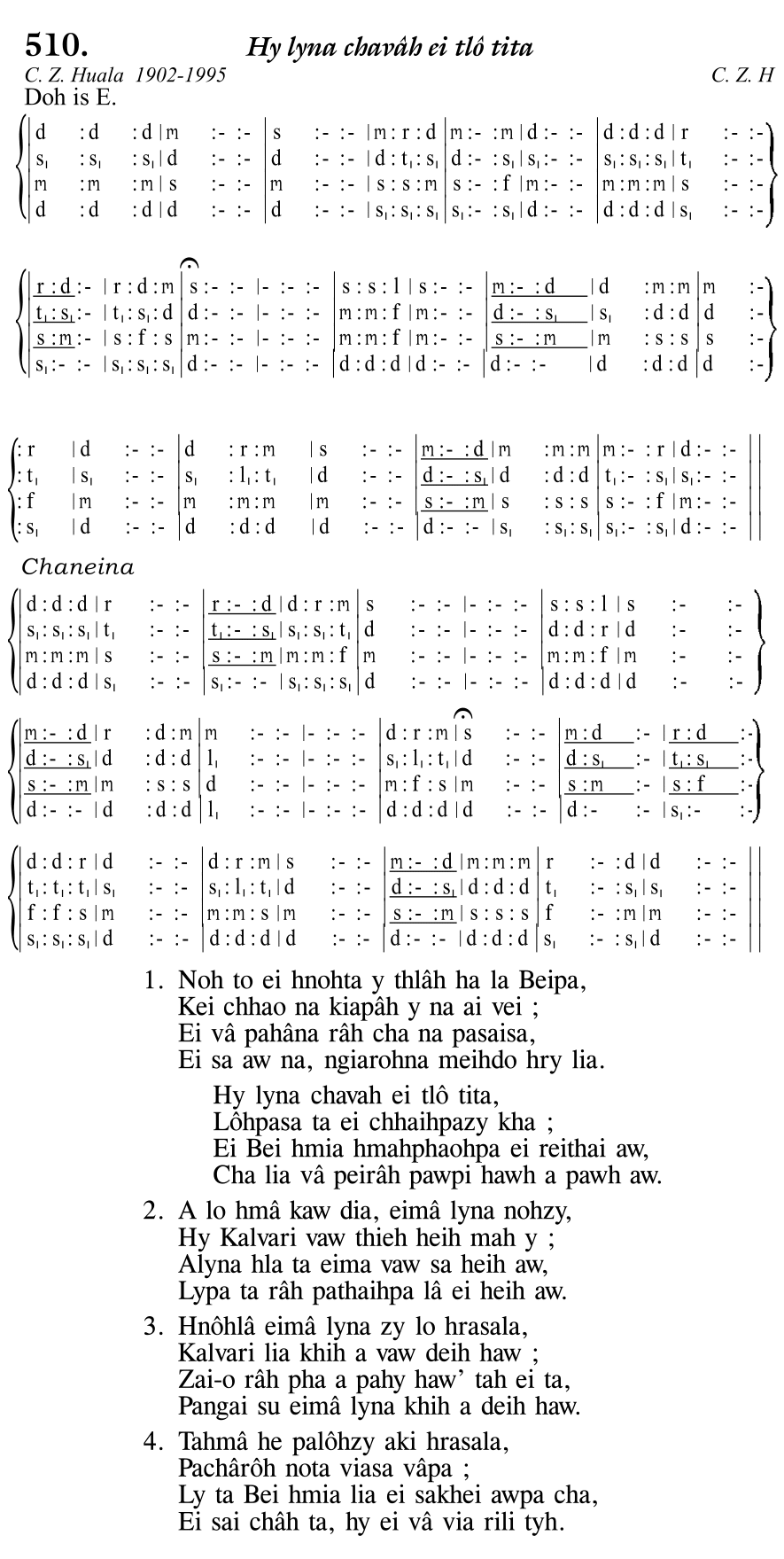 Hymn 510, “Hy lyna chavâh ei tlô tita”, Edition 11