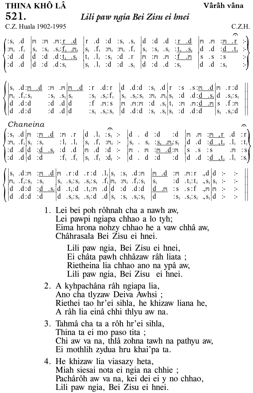 Hymn 521, “Lili paw ngia Bei Zisu ei hnei”, Edition 11