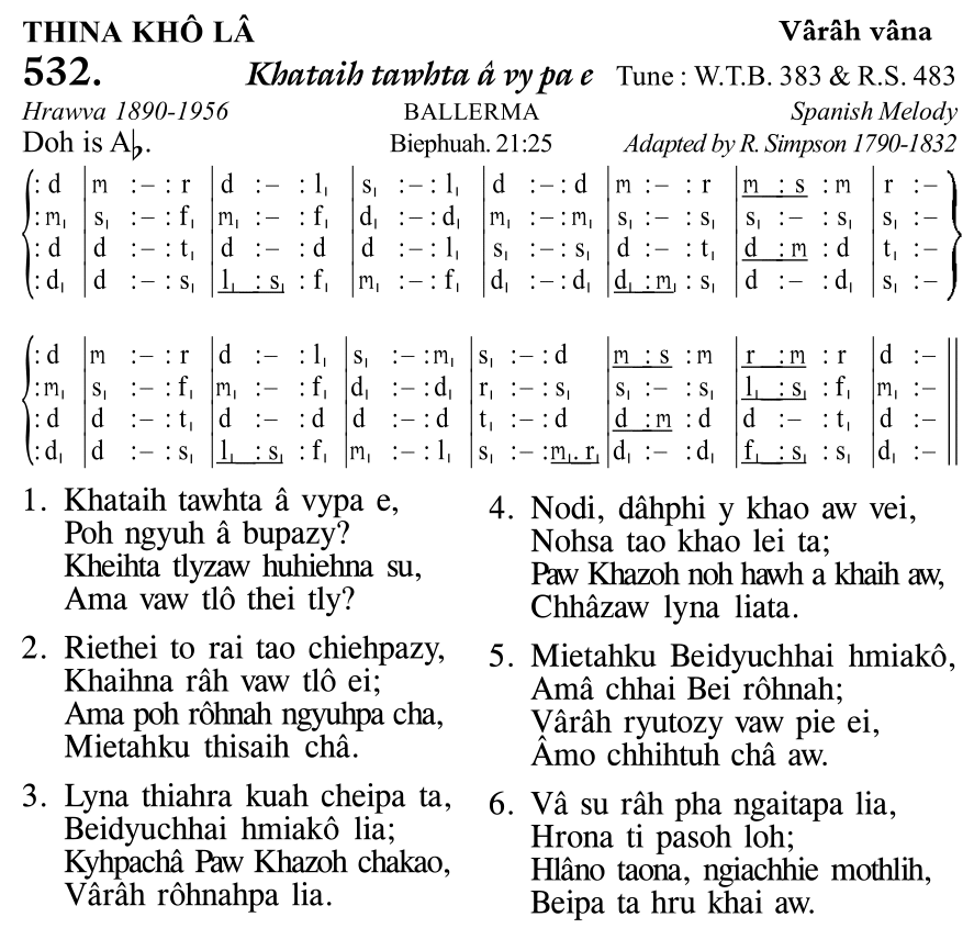 Hymn 532, “Khataih tawhta â vy pa e”, Edition 11