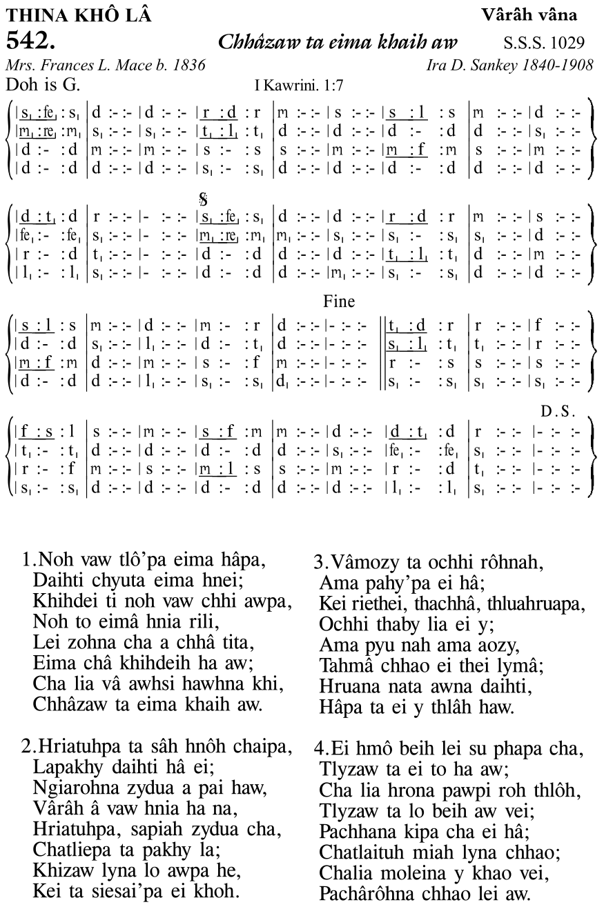 Hymn 542, “Chhâzaw ta eima khaih aw”, Edition 11