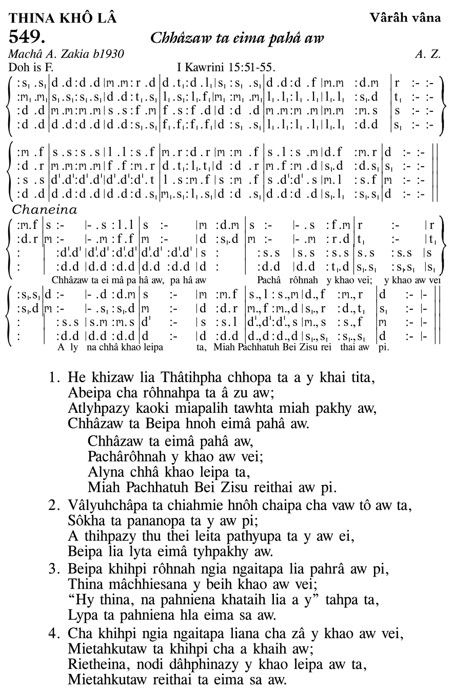 Hymn 549, “Chhâzaw ta eima pahâ aw”, Edition 11