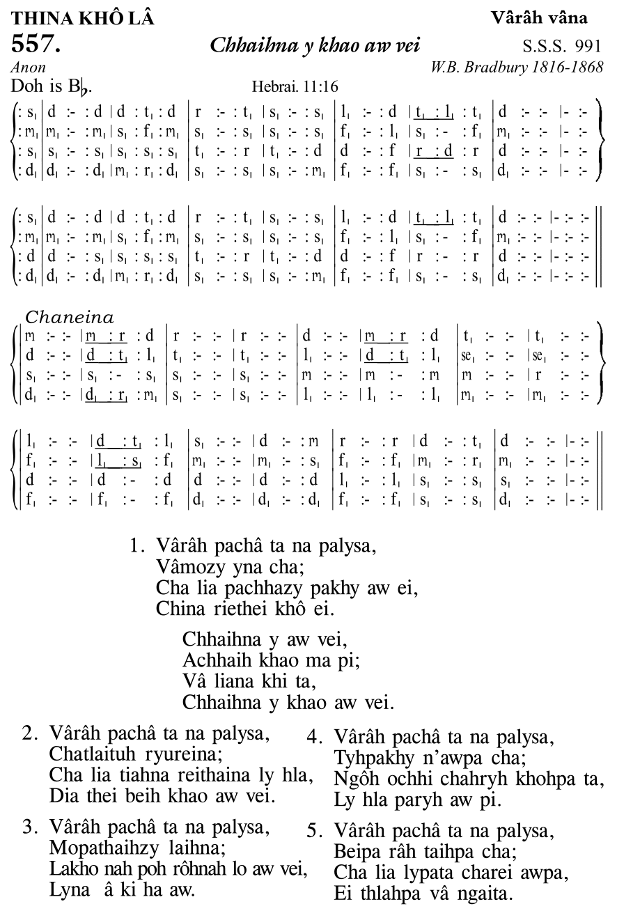 Hymn 557, “Chhaihna y khao aw vei”, Edition 11
