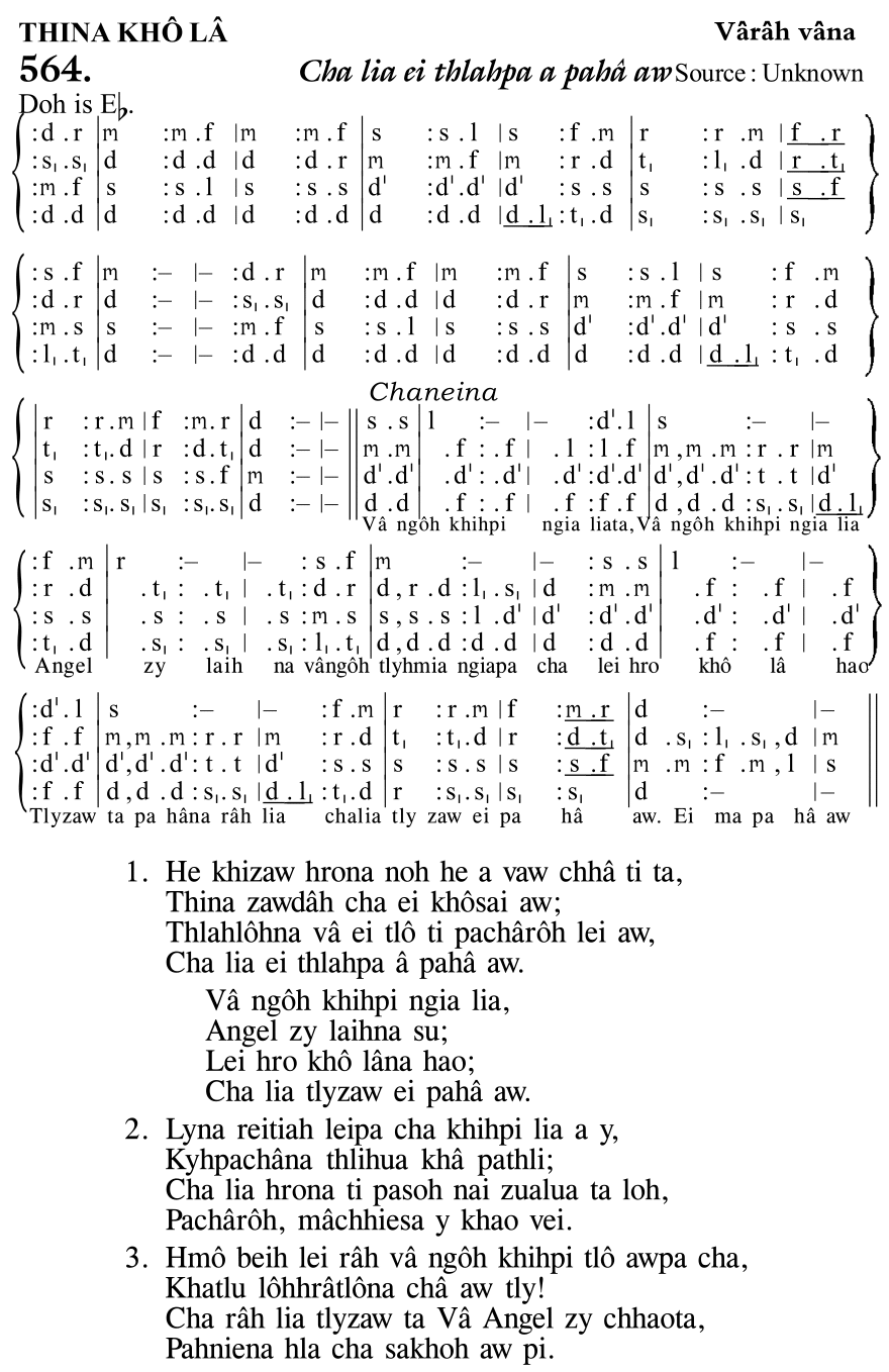 Hymn 564, “Cha lia ei thlahpa a pahâ aw”, Edition 11