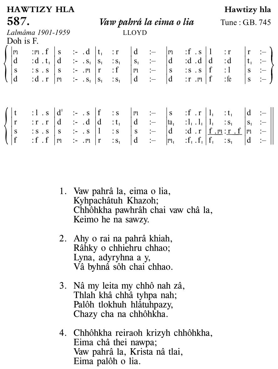 Hymn 587, “Vaw pahrâ la eima o lia”, Edition 11