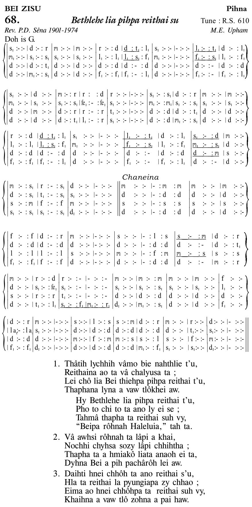 Hymn 68, “Bethlehe lia pihpa reithai su”, Edition 11