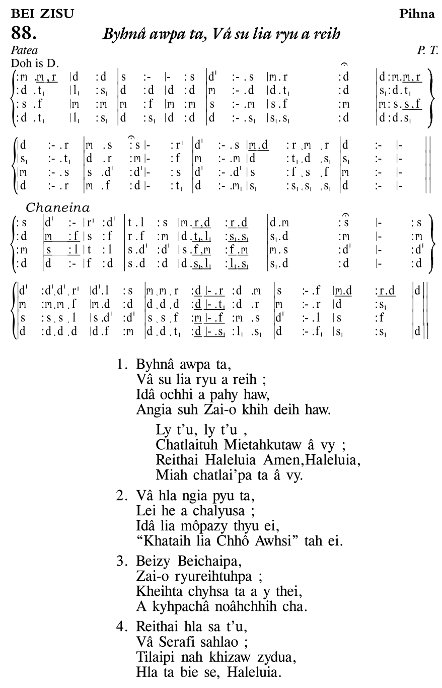 Hymn 88, “Byhnâ awpa ta, Vâ su lia ryu a reih”, Edition 11
