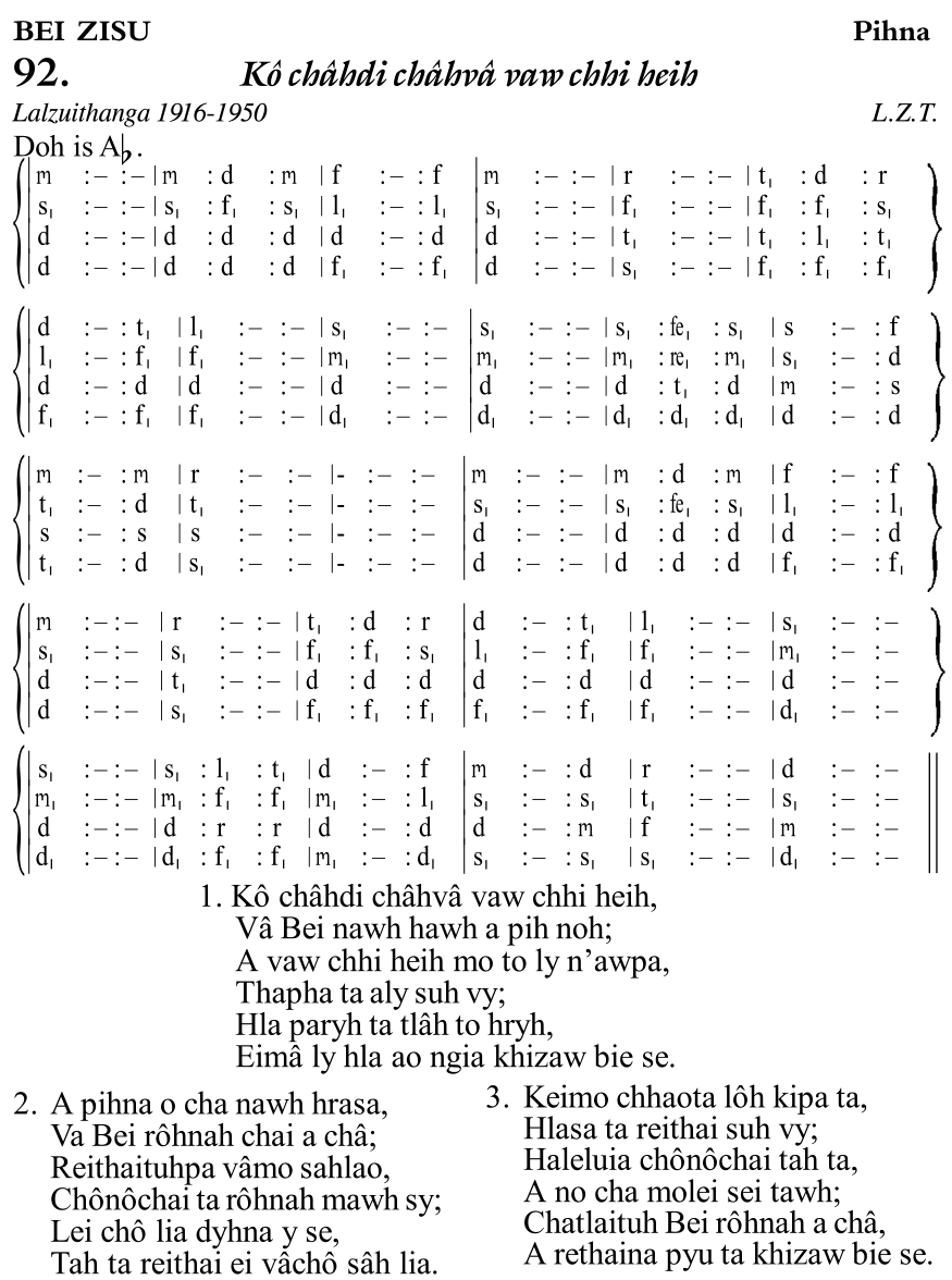 Hymn 92, “Kô châhdi châhvâ vaw chhi heih”, Edition 11