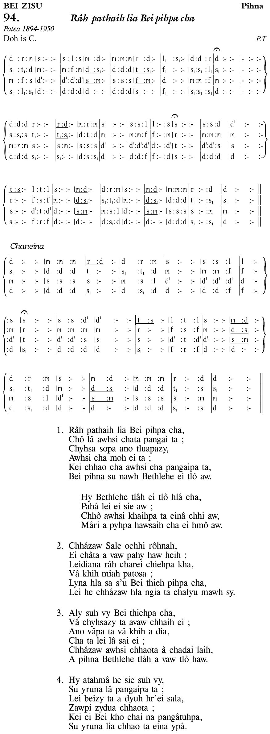 Hymn 94, “Râh pathaih lia Bei pihpa cha”, Edition 11