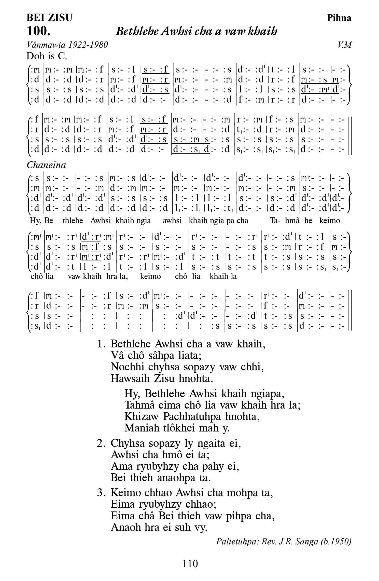 Hymn 100, “Bethlehe Awhsi cha a vaw khaih”, Edition 13