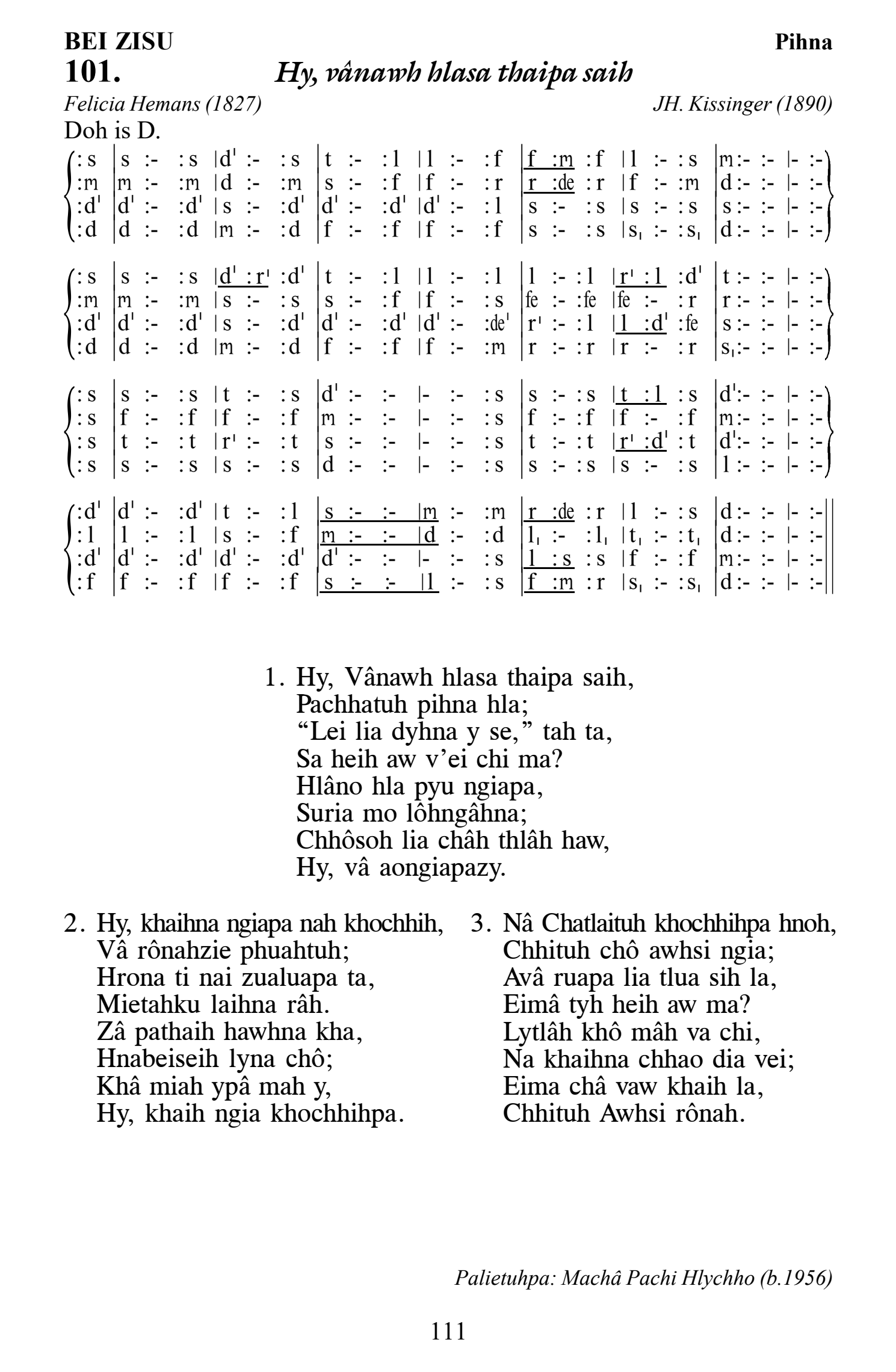 Hymn 101, “Hy, vânawh hlasa thaipa saih”, Edition 13