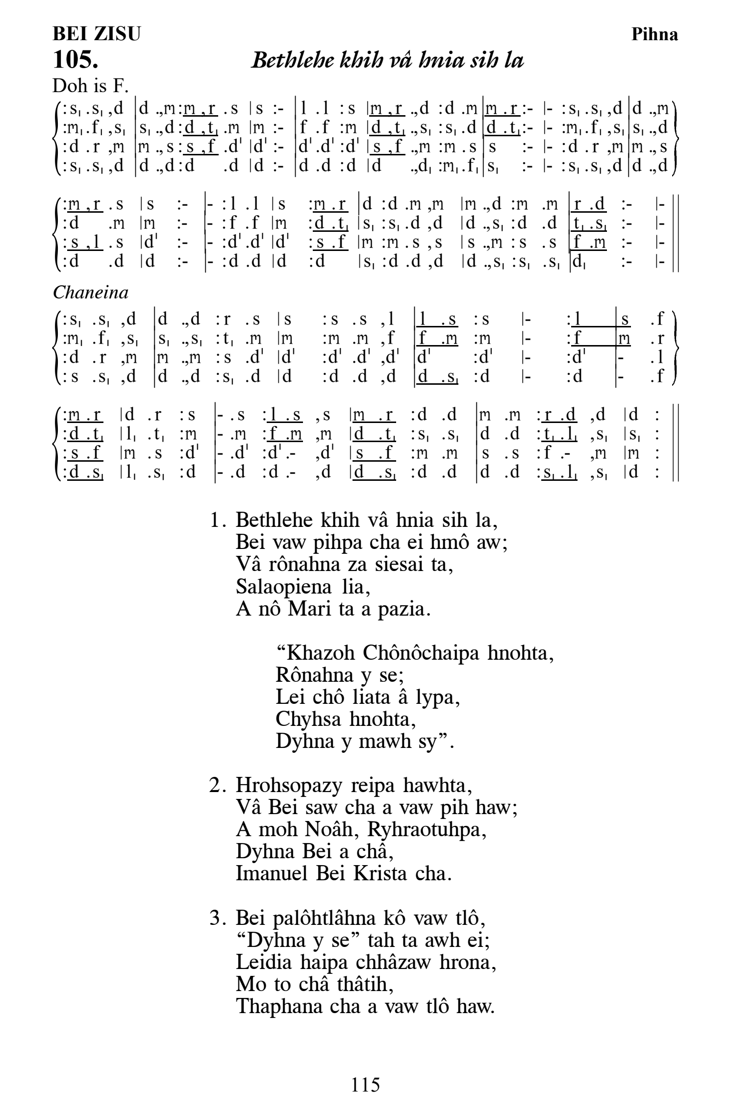 Hymn 105, “Bethlehe khih vâ hnia sih la”, Edition 13