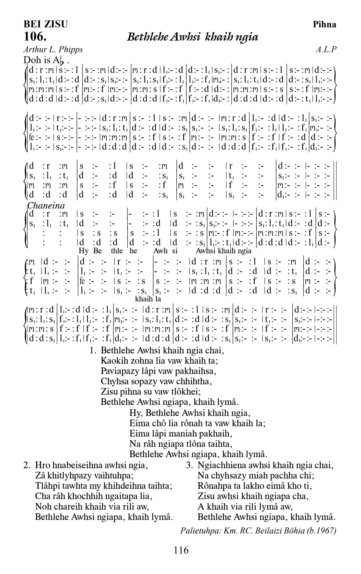 Hymn 106, “Bethlehe Awhsi khaih ngia”, Edition 13