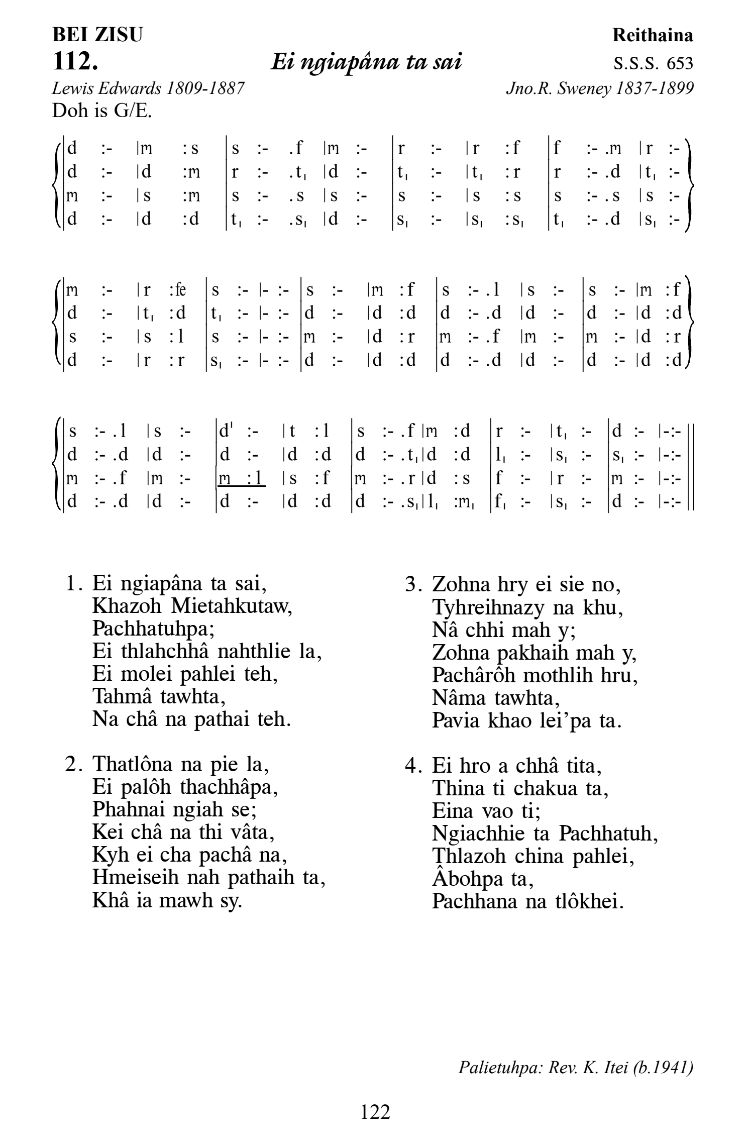 Hymn 112, “Ei ngiapâna ta sai”, Edition 13