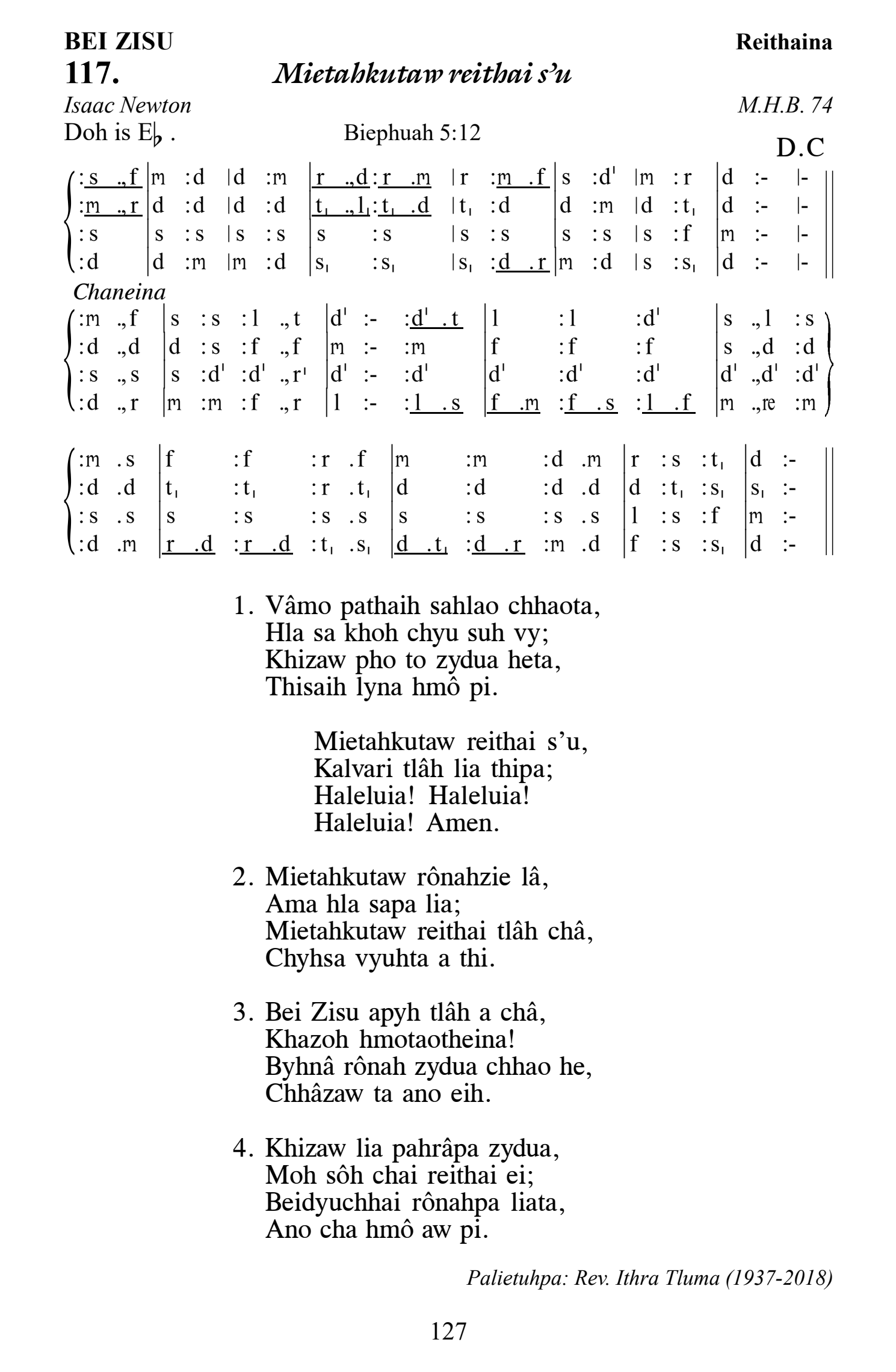 Hymn 117, “Mietahkutaw reithai s'u”, Edition 13