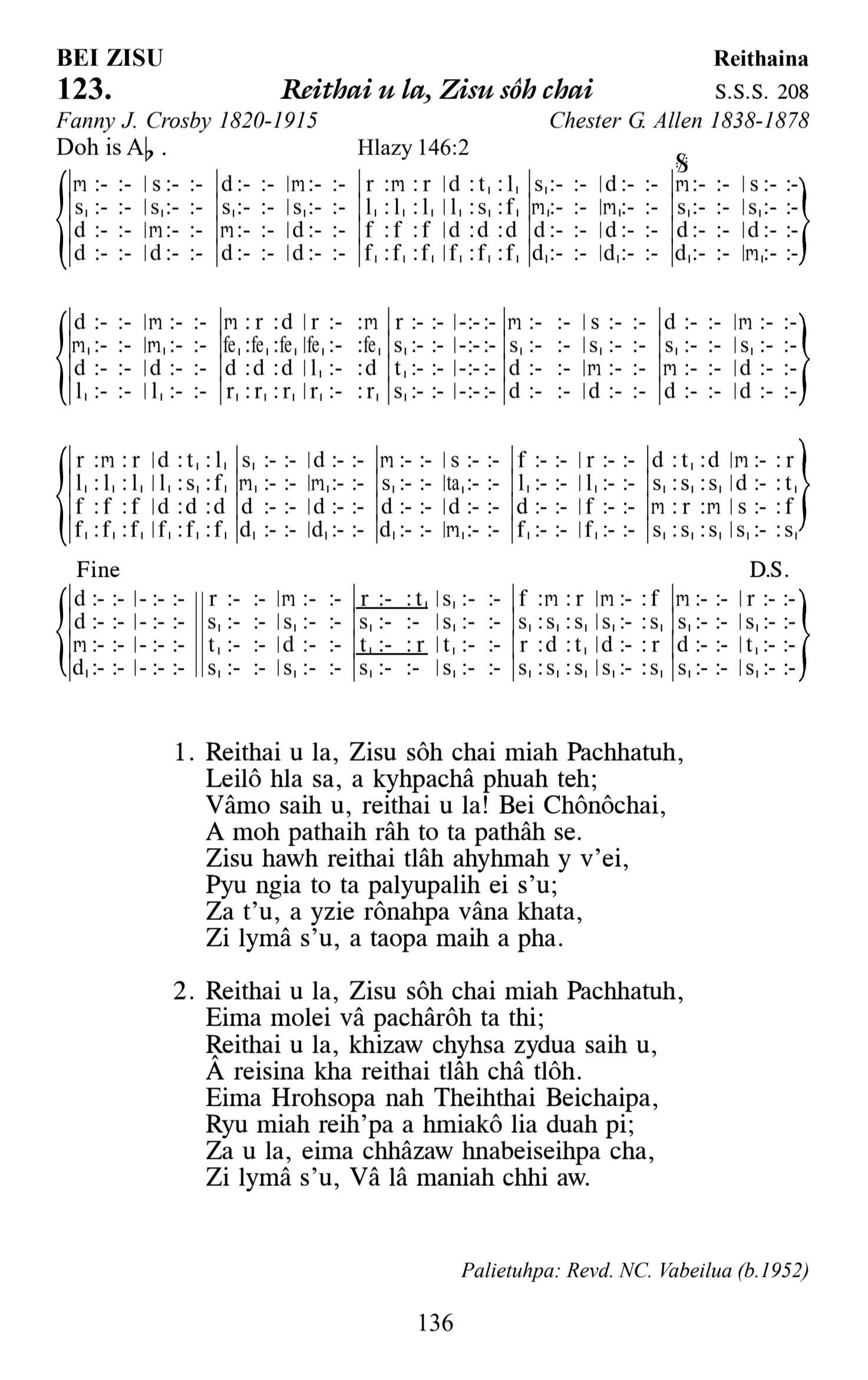 Hymn 123, “Reithai u la, Zisu sôh chai”, Edition 13