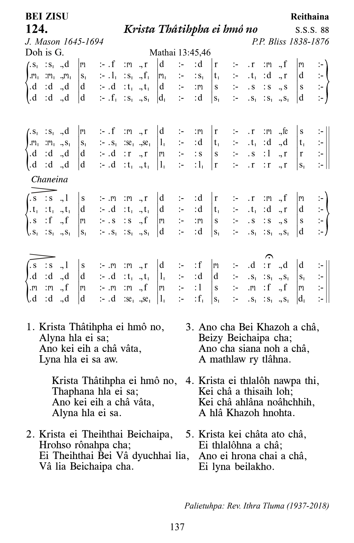 Hymn 124, “Krista Thâtihpha ei hmô no”, Edition 13