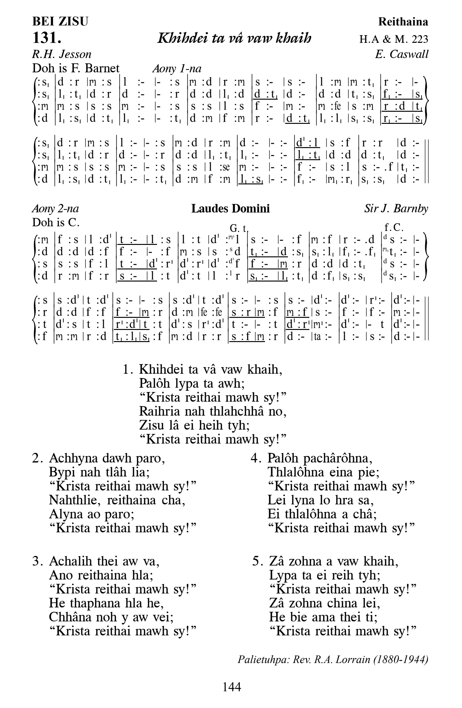 Hymn 131, “Khihdei ta vâ vaw khaih”, Edition 13