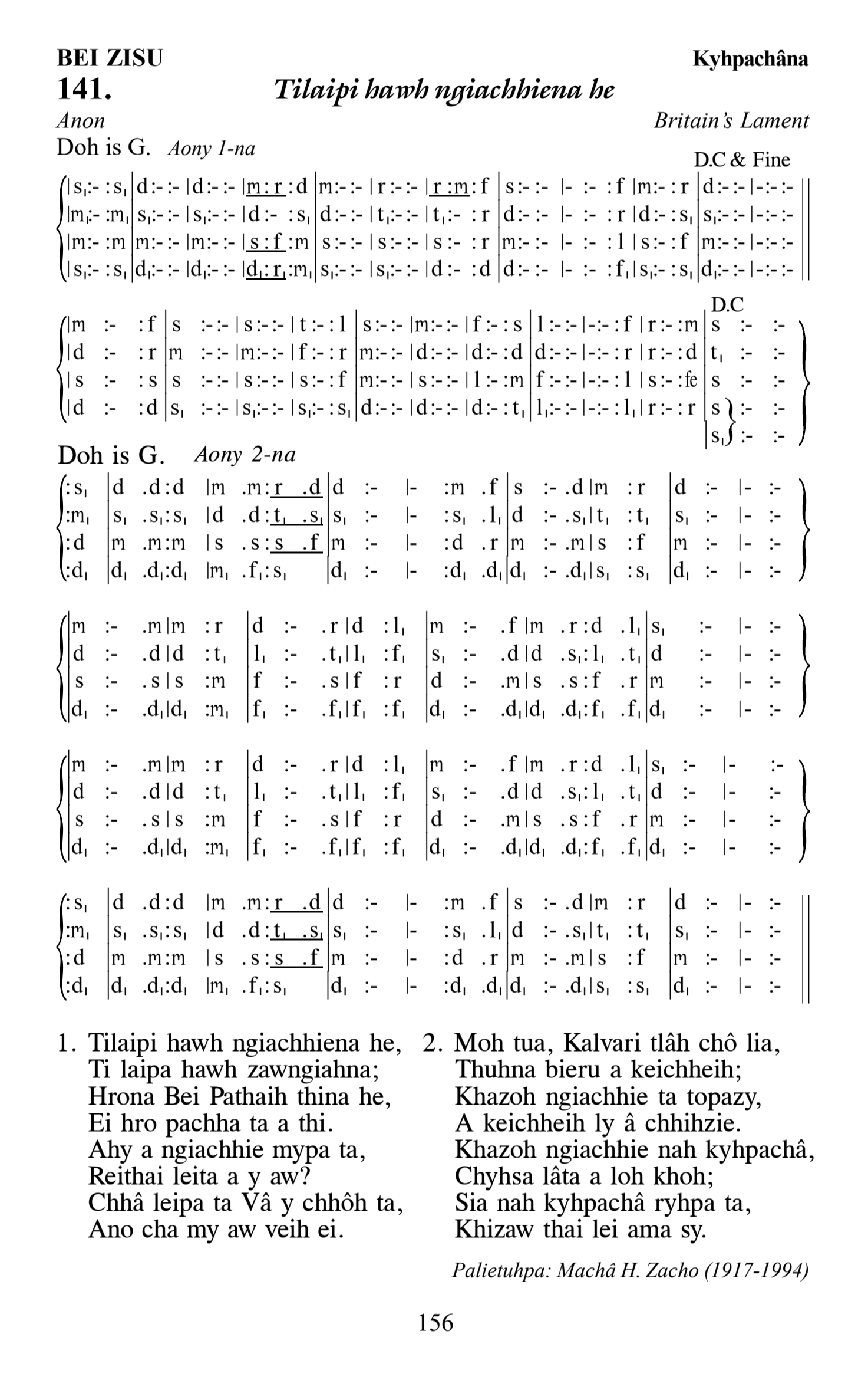 Hymn 141, “Tilaipi hawh ngiachhiena he”, Edition 13