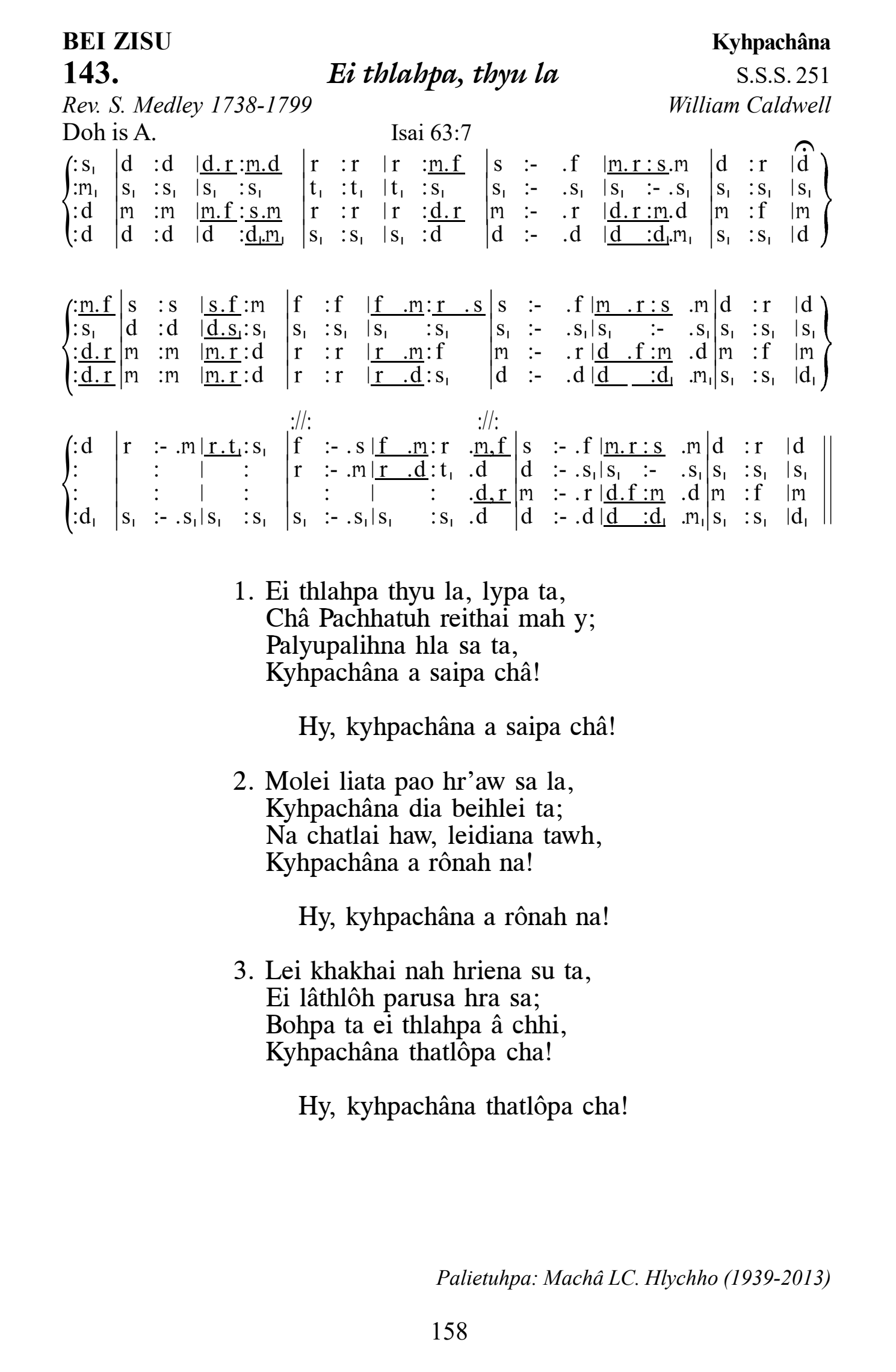 Hymn 143, “Ei thlahpa, thyu la”, Edition 13