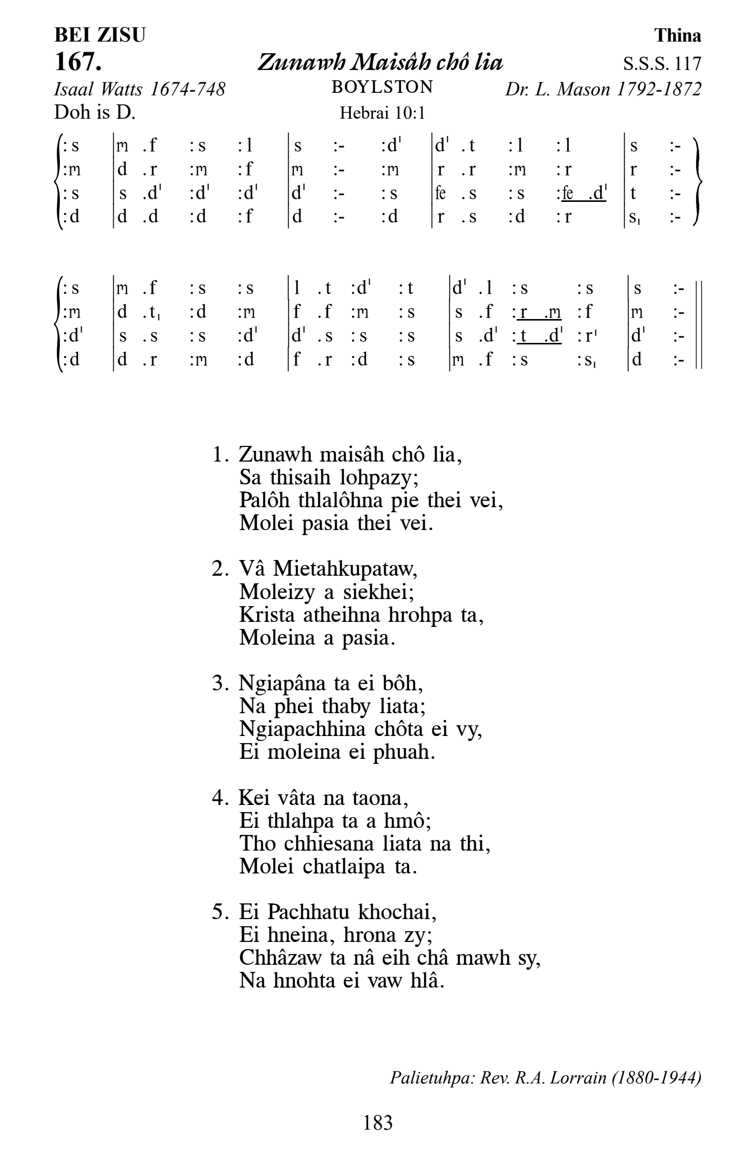 Hymn 167, “Zunawh Maisâh chô lia”, Edition 13