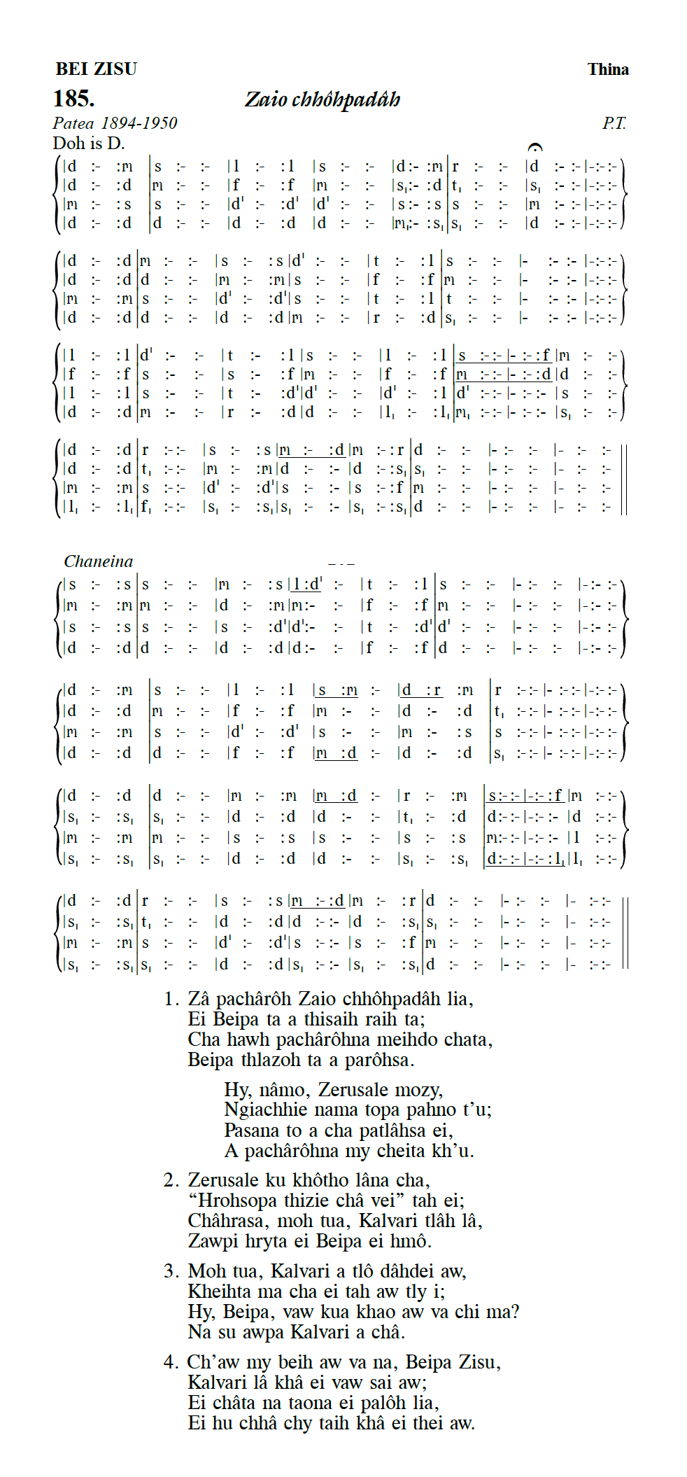 Hymn 185, “Zaio chhôhpadâh”, Edition 13