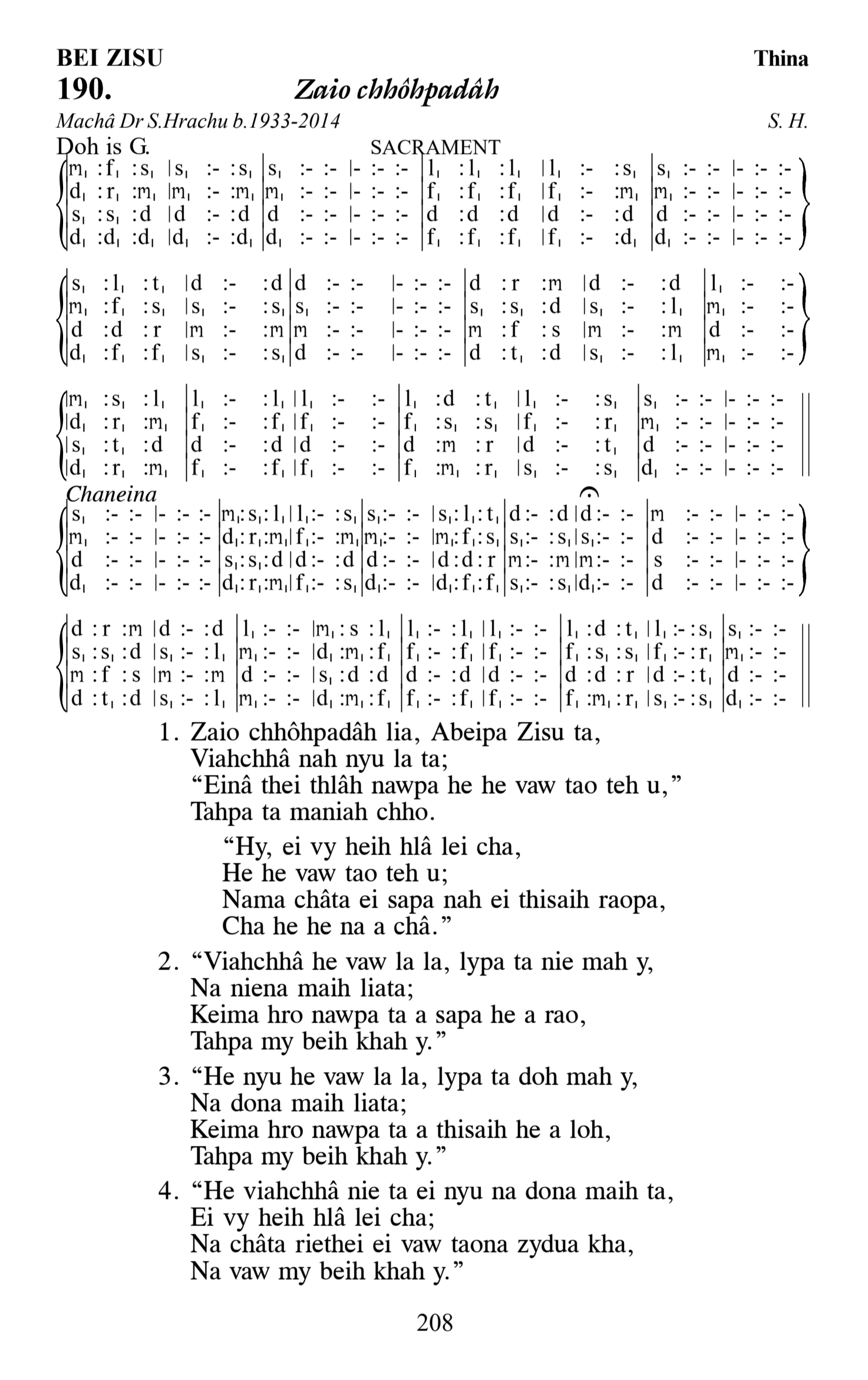 Hymn 190, “Zaio chhôhpadâh”, Edition 13