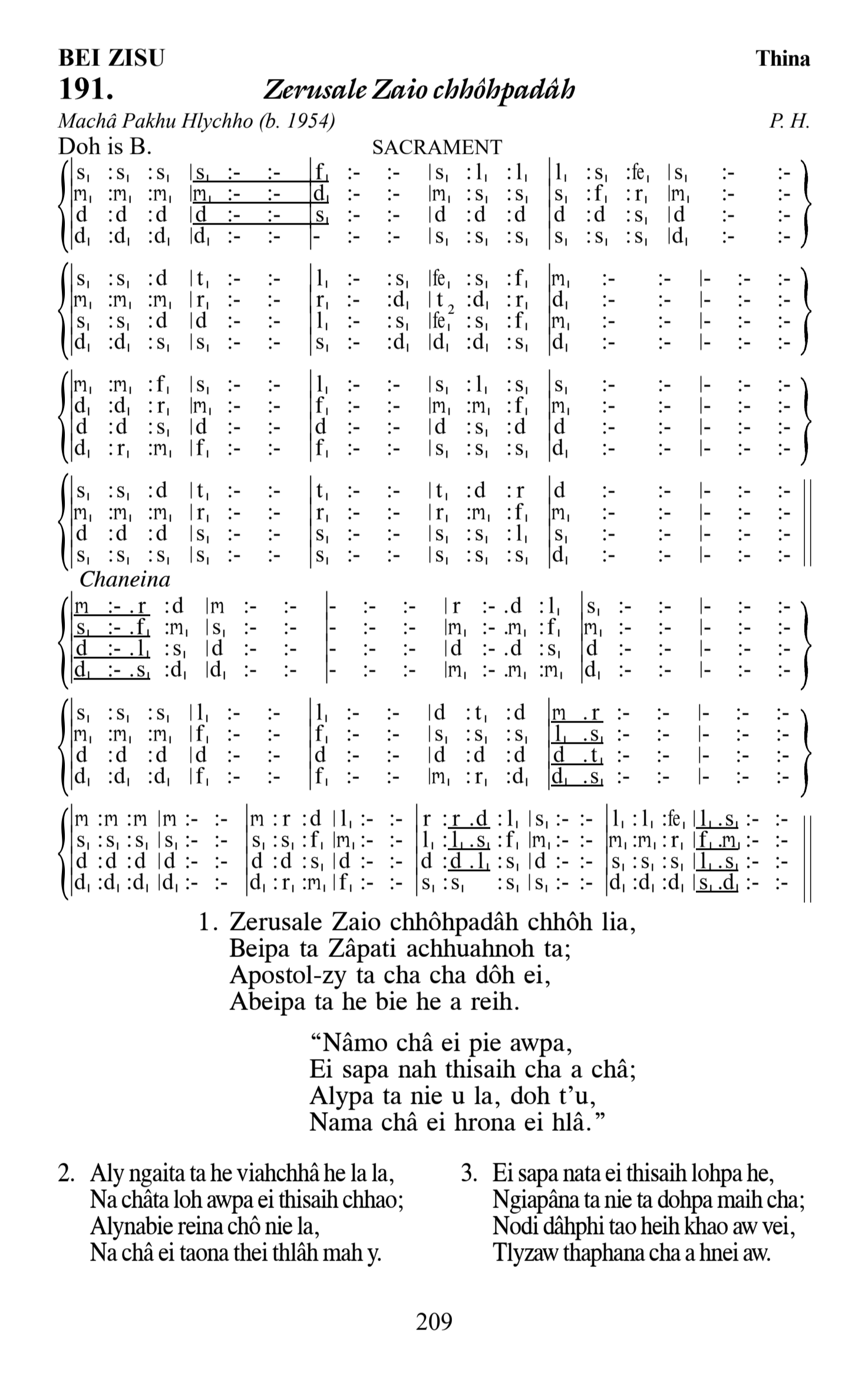 Hymn 191, “Zerusale Zaio chhôhpadâh”, Edition 13