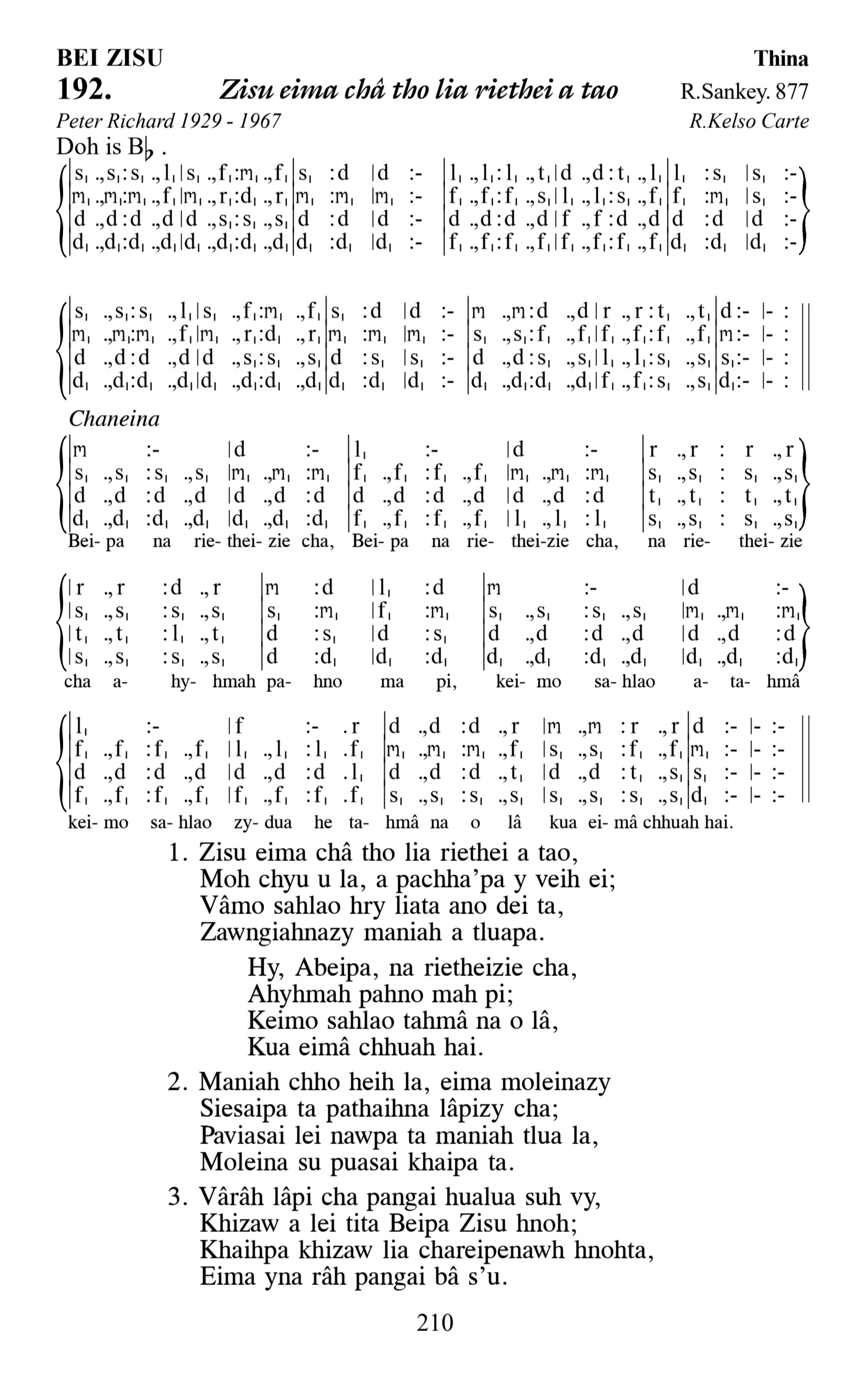 Hymn 192, “Zisu eima châ tho lia riethei a tao”, Edition 13