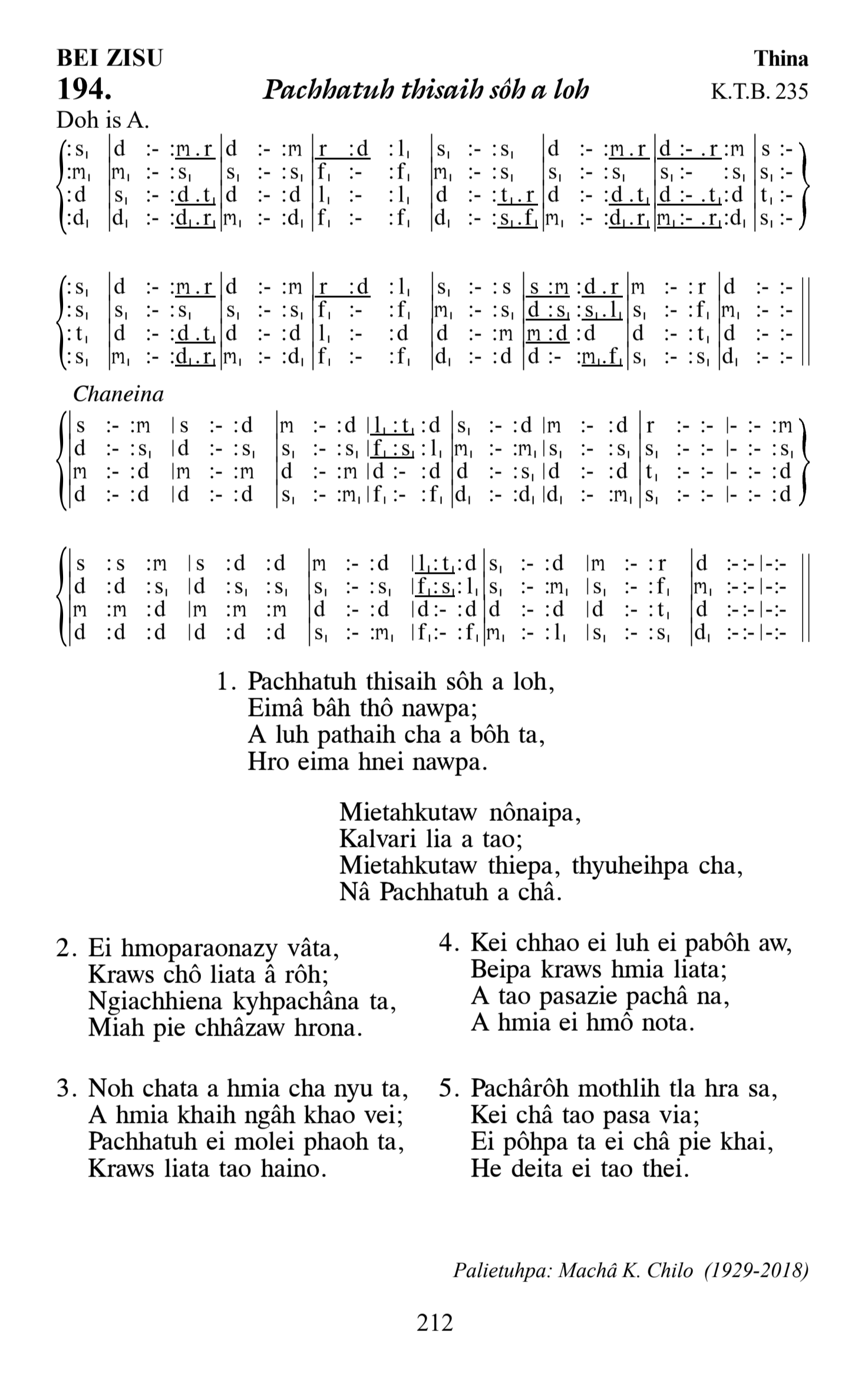 Hymn 194, “Pachhatuh thisaih sôh a loh”, Edition 13
