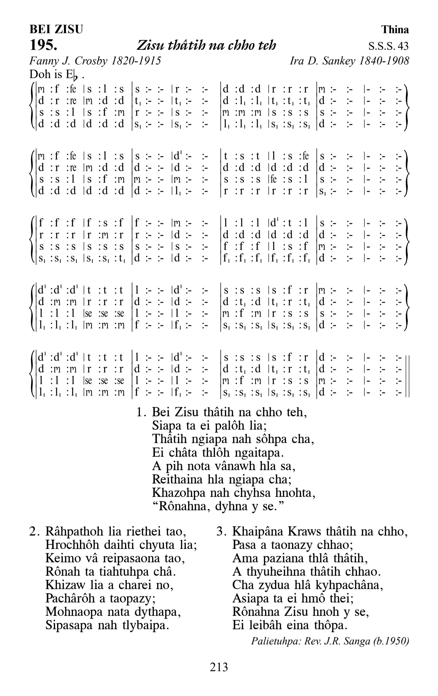 Hymn 195, “Zisu thâtih na chho teh”, Edition 13