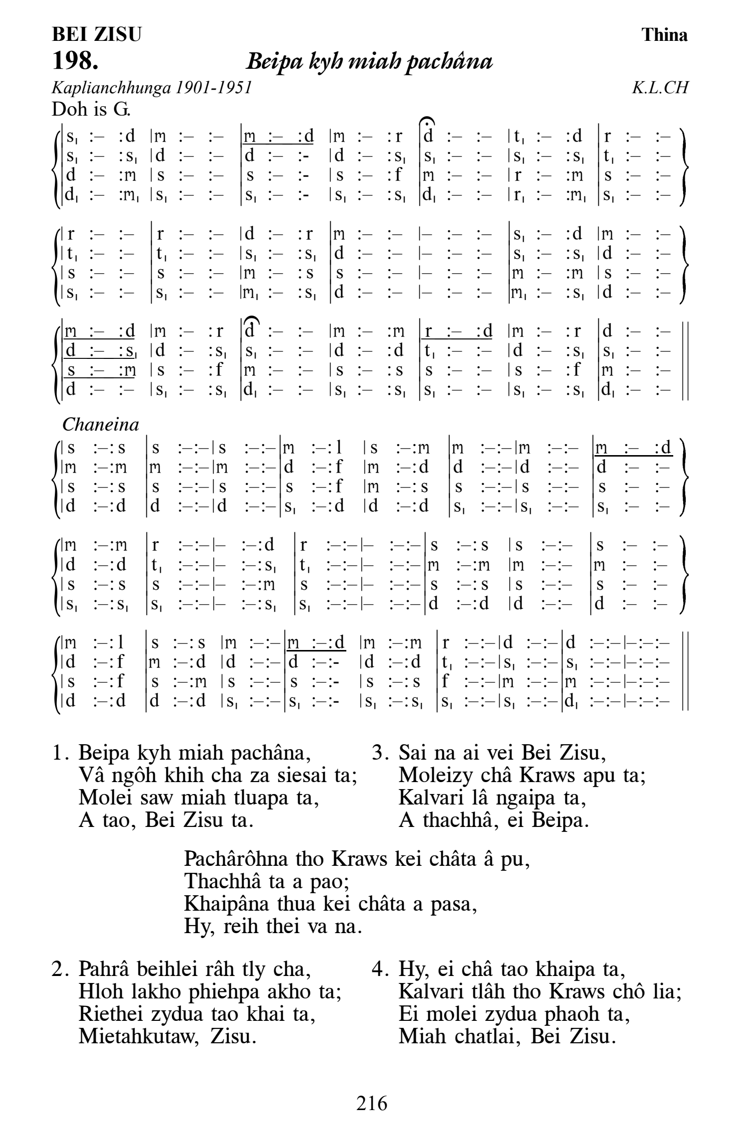 Hymn 198, “Beipa kyh miah pachâna”, Edition 13