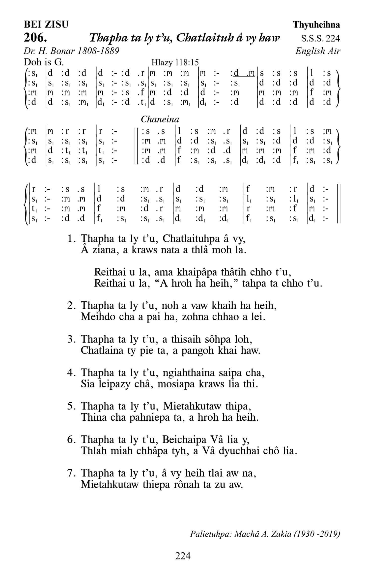 Hymn 206, “Thapha ta ly t'u, Chatlaituh â vy haw”, Edition 13
