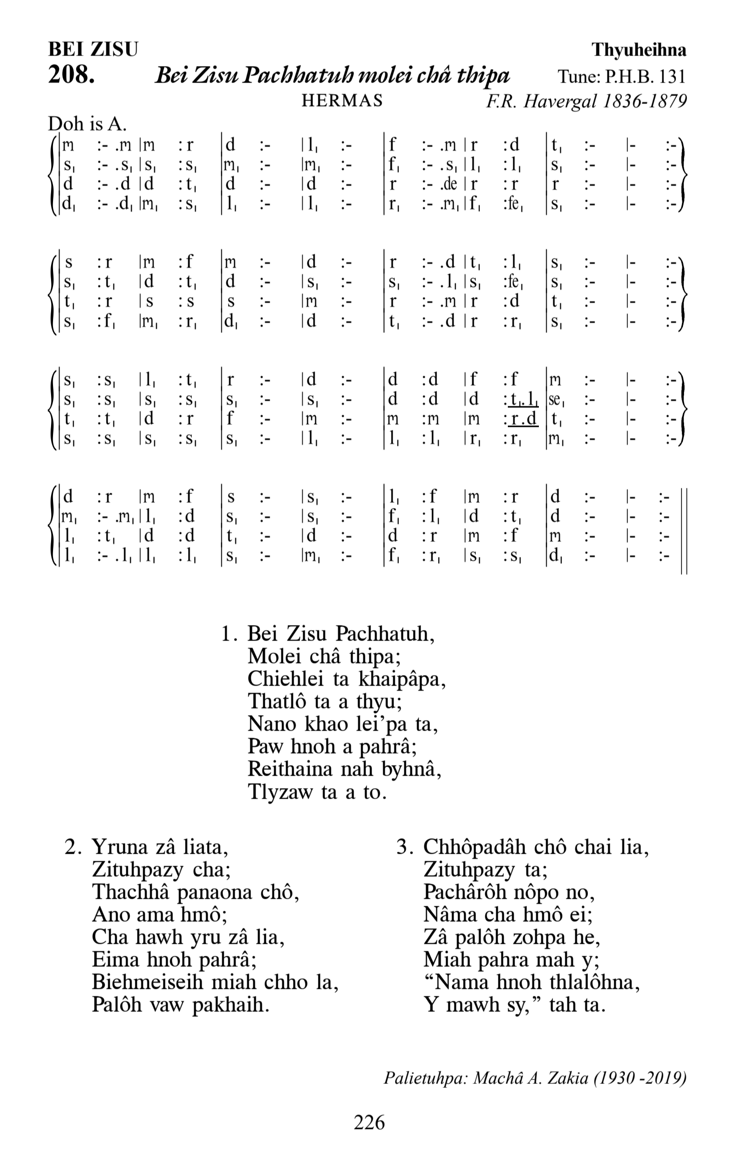 Hymn 208, “Bei Zisu Pachhatuh molei châ thipa”, Edition 13