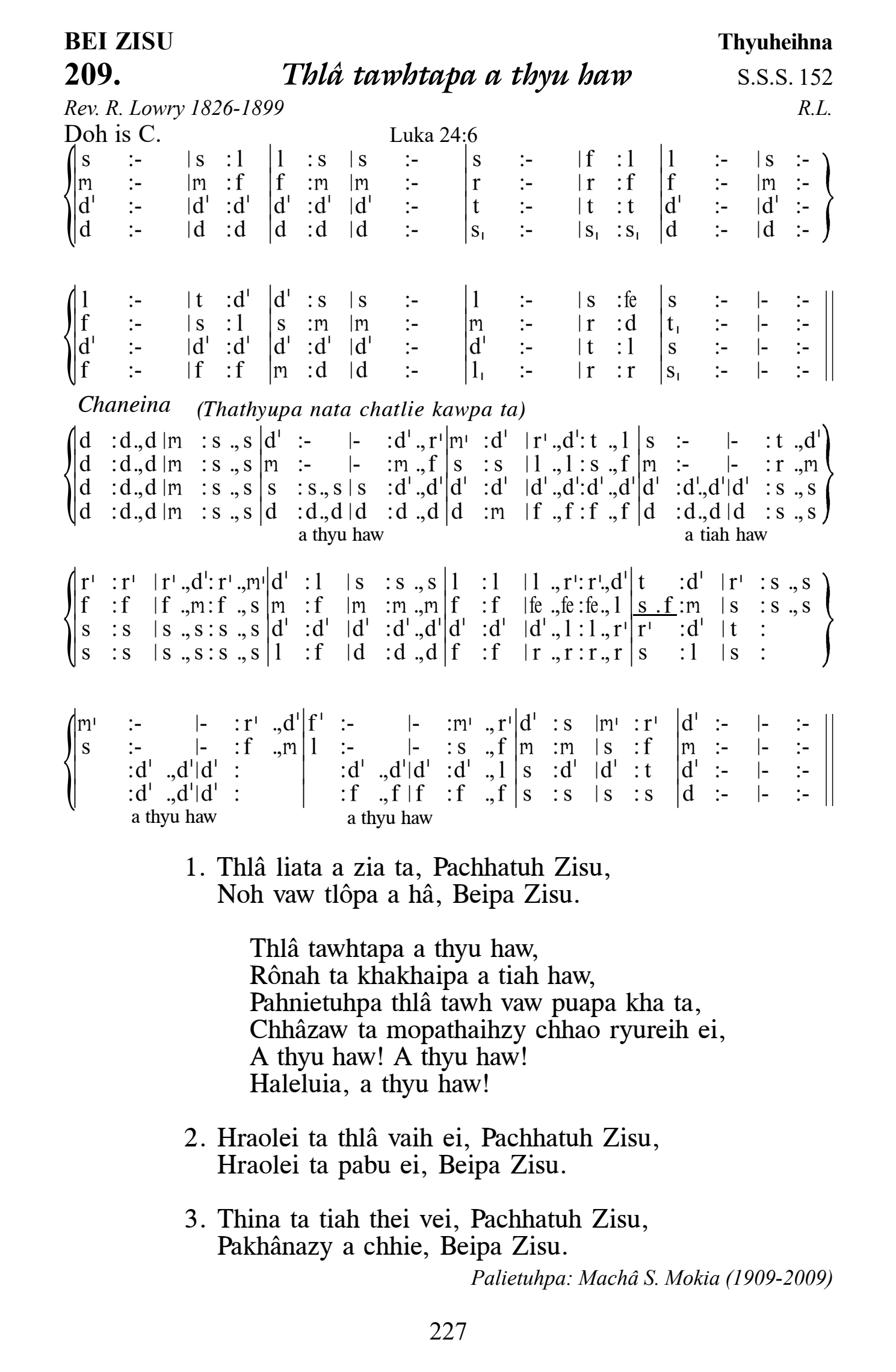 Hymn 209, “Thlâ tawhtapa a thyu haw”, Edition 13
