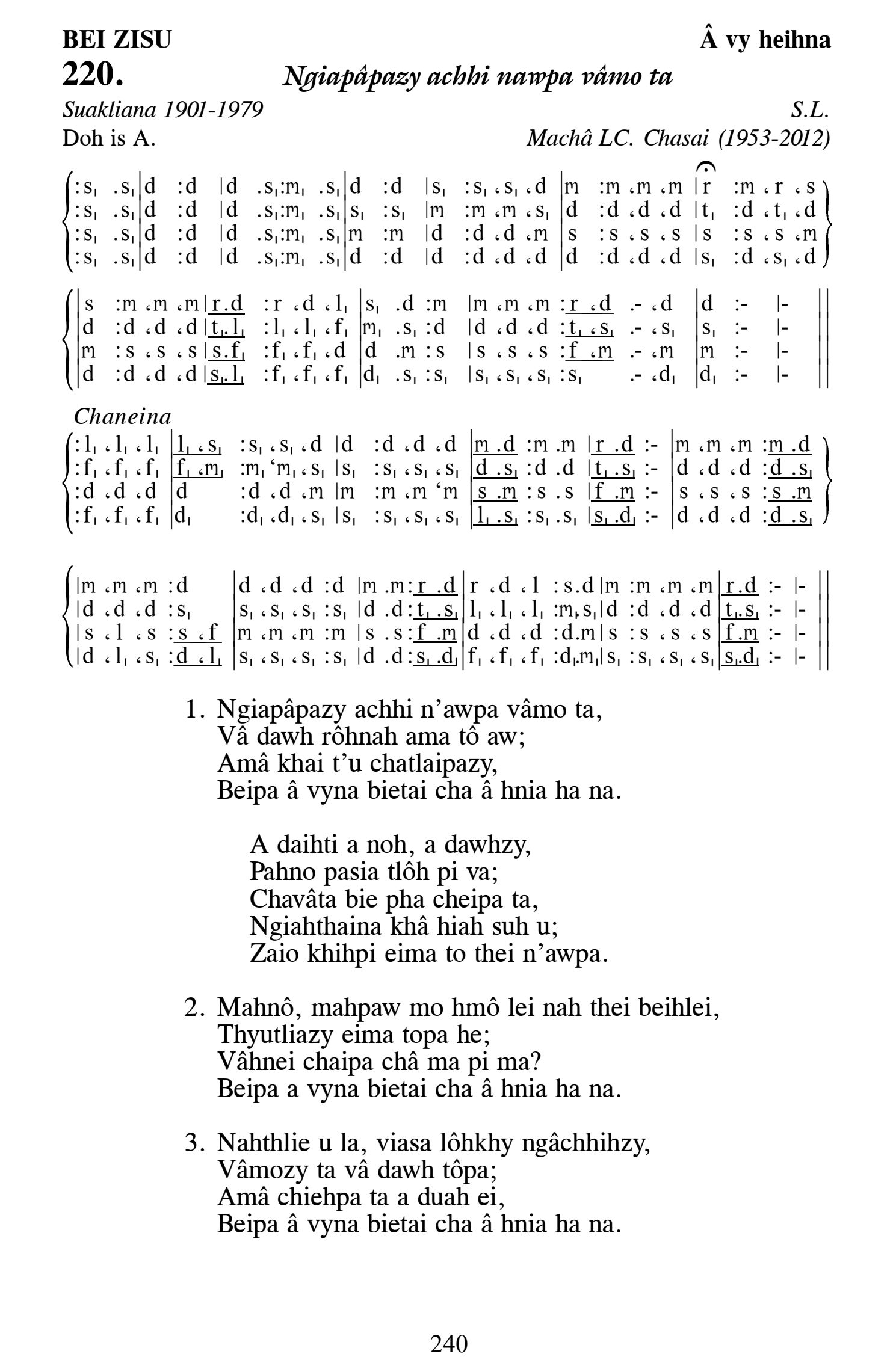 Hymn 220, “Ngiapâpazy achhi nawpa vâmo ta”, Edition 13