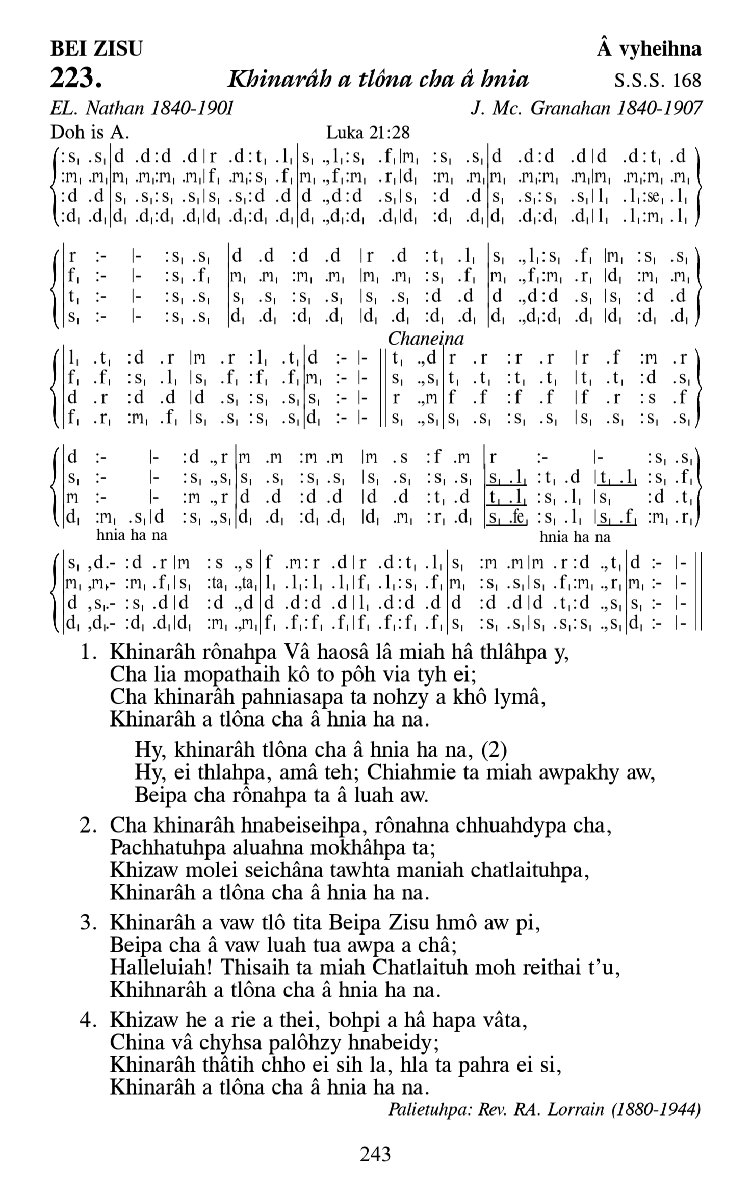 Hymn 223, “Khinarâh a tlôna cha â hnia”, Edition 13