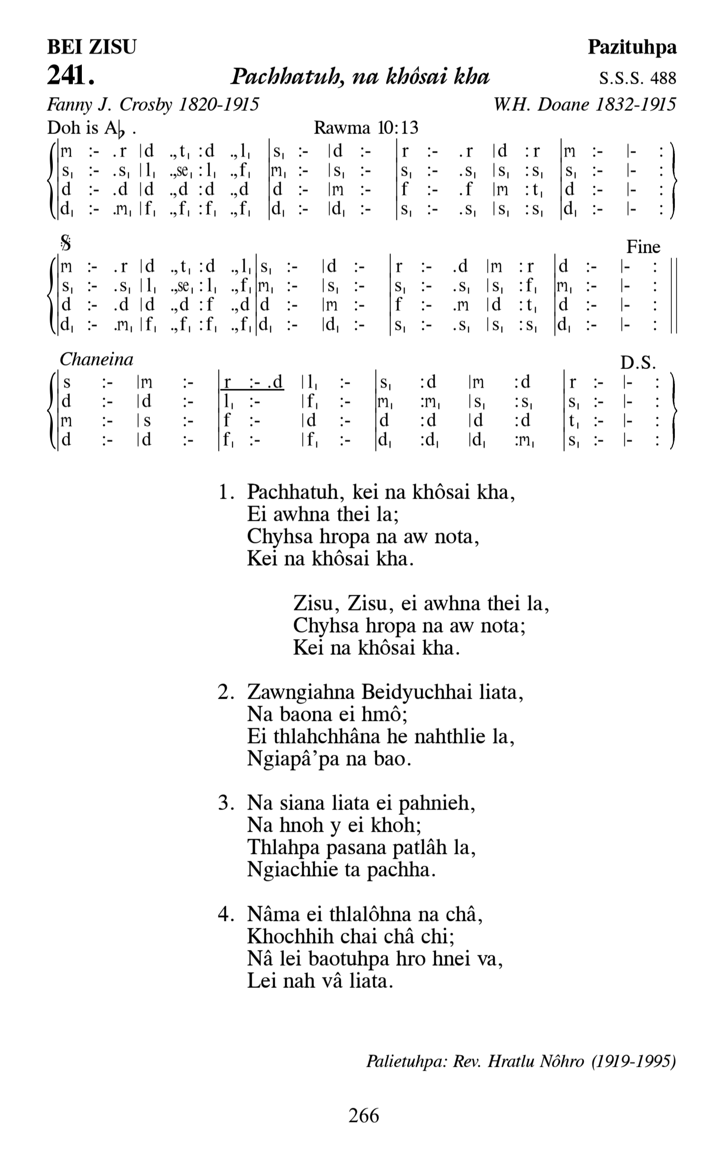 Hymn 241, “Pachhatuh, na khôsai kha”, Edition 13