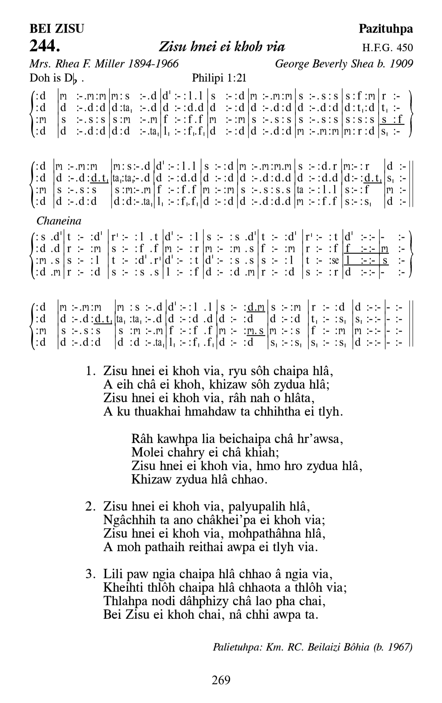 Hymn 244, “Zisu hnei ei khoh via”, Edition 13