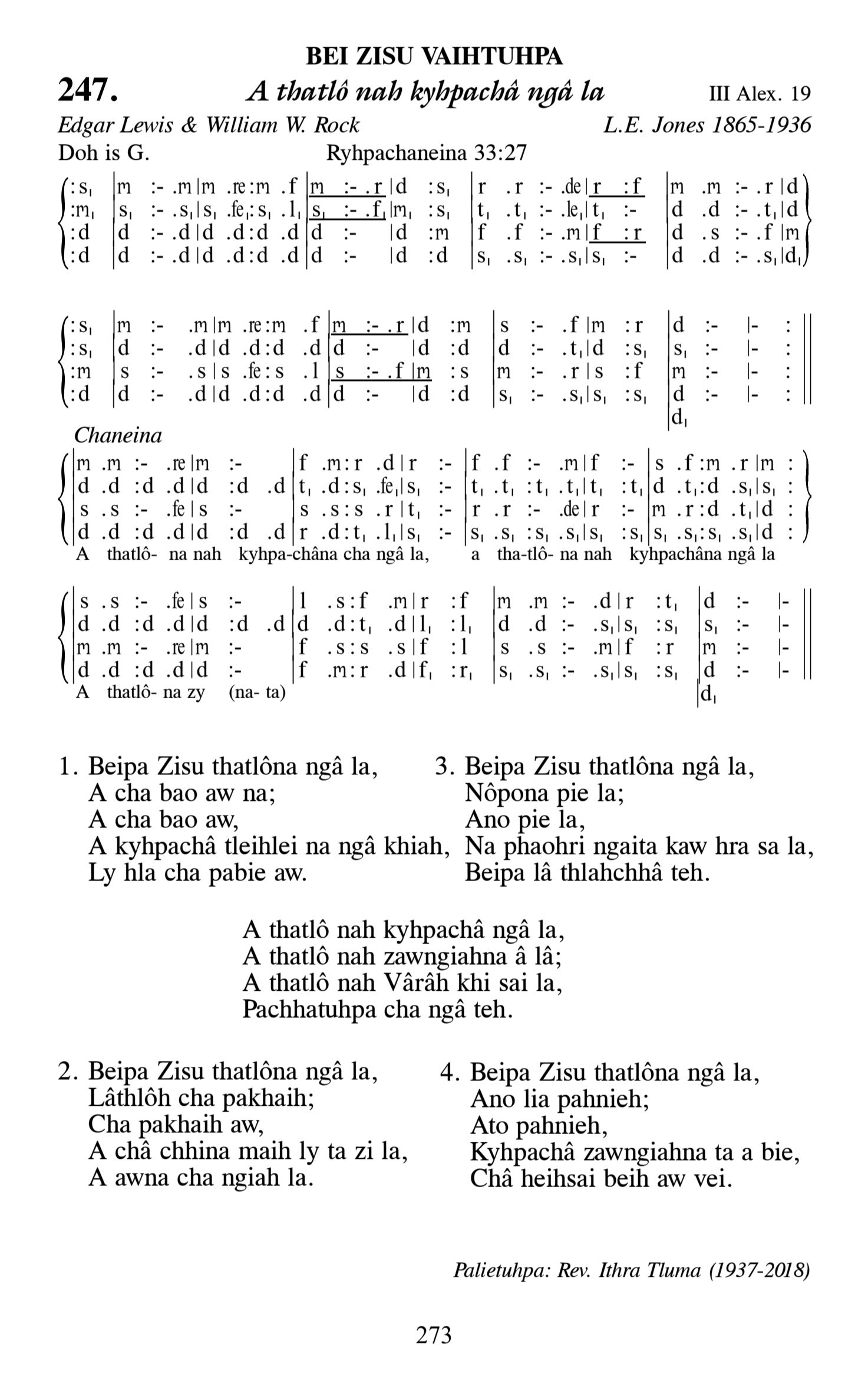 Hymn 247, “A thatlô nah kyhpachâ ngâ la”, Edition 13